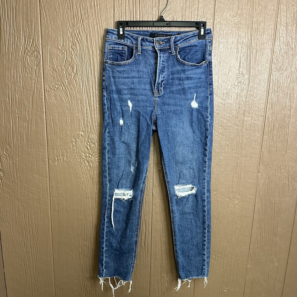 Risen Los Angeles Women's Size 27/5 Distressed Frayed Raw Hem Blue Denim Jeans